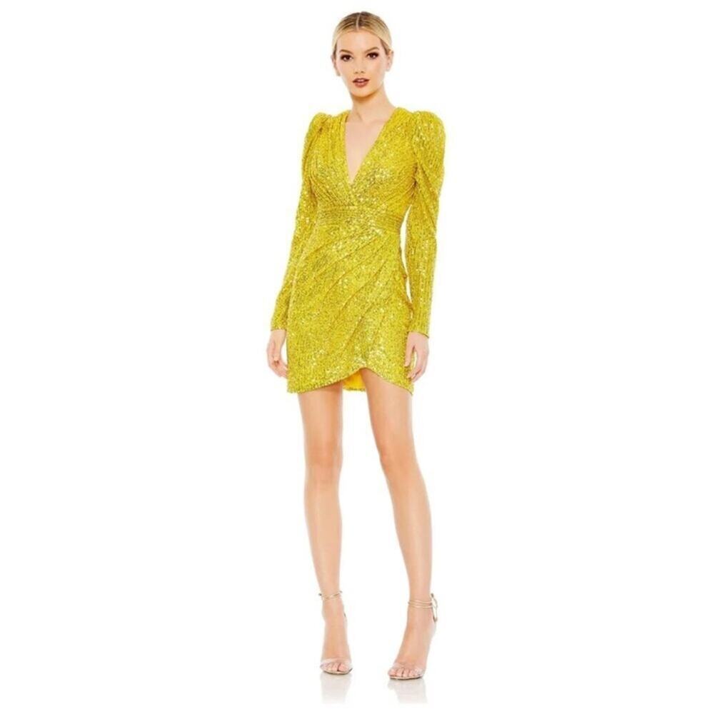 Ieena for Mac Duggal SEQUINED SHOULDER PAD COCKTAIL DRESS